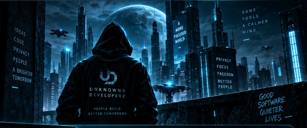 A hooded cyber figure overlooking a futuristic neon city