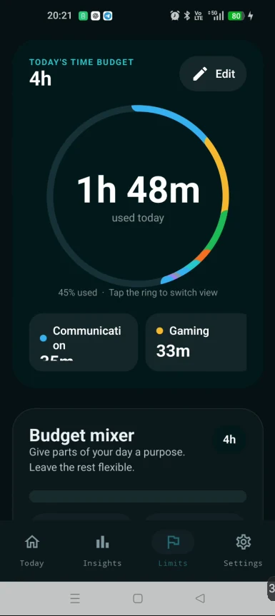 Time Manager Limits screen